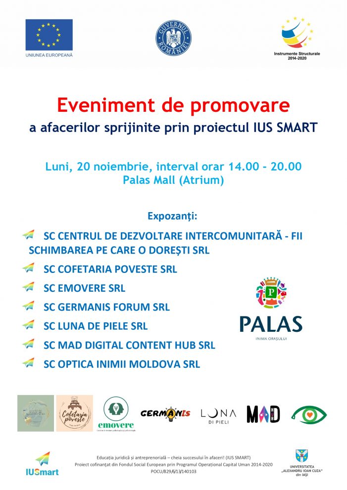 UAIC organizează la Palas Mall un nou eveniment de promovare a afacerilor înființate de studenți cu sprijinul proiectului IUS SMART