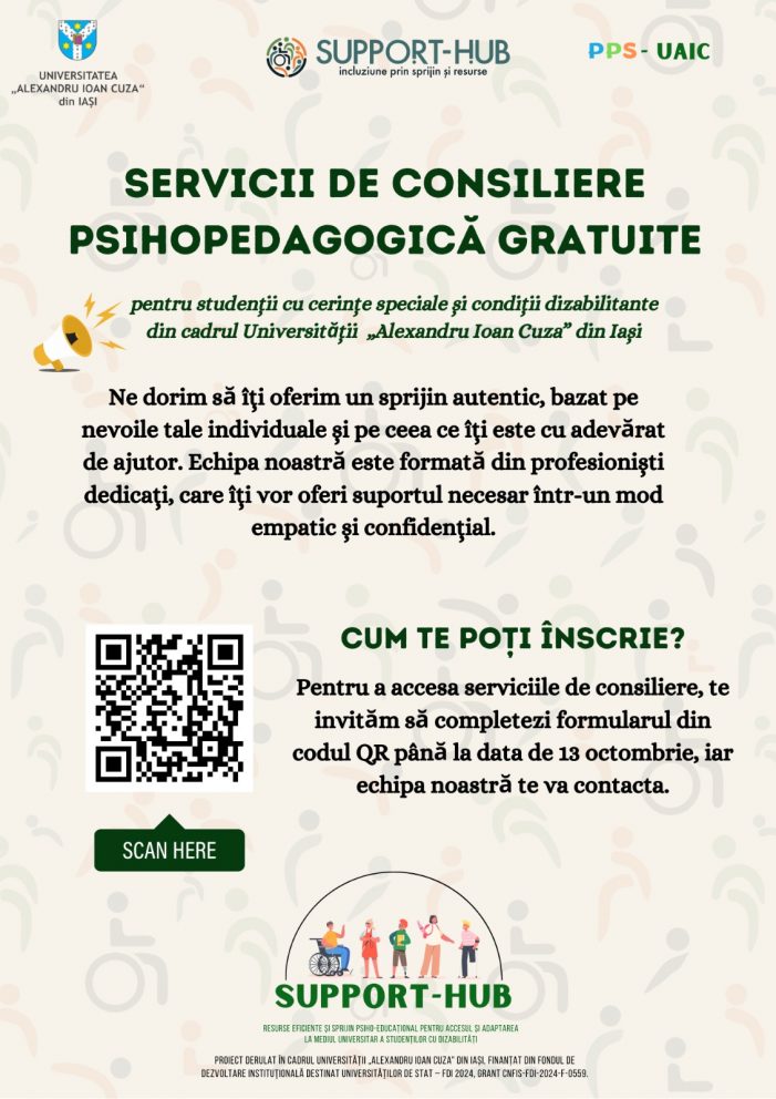 Servicii de consiliere psihopedagogică gratuite pentru studenții cu cerințe speciale și dizabilități