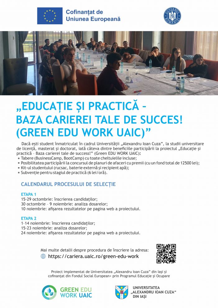 Noi oportunități de dezvoltare și experiențe atractive de învățare oferite prin proiectul „Educație și practică – baza carierei tale de succes!” Green EDU WORK UAIC