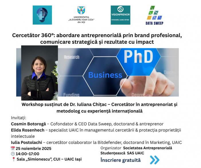Workshopul „Cercetător 360°: abordare antreprenorială prin brand profesional, comunicare strategică și rezultate cu impact”